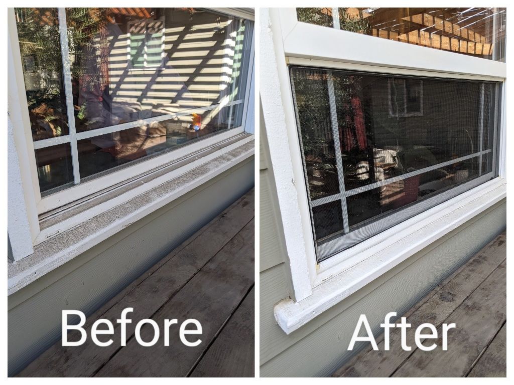 Before and after photo of a residential window cleaned by Willow Lane Window Care