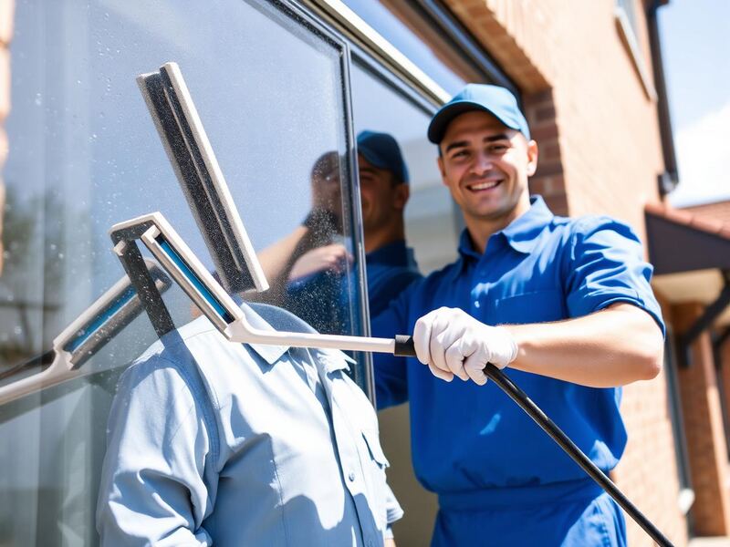 Friendly window cleaner brightening a neighborhood home